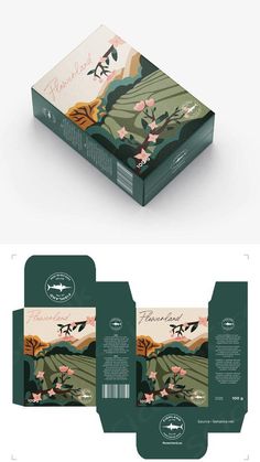 the packaging design is designed to look like an open box with flowers and leaves on it