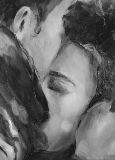 a black and white painting of a man kissing a woman's head with her eyes closed