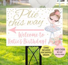 "Plie This Way Ballerina Sign, Ballerina Welcome Sign, Ballerina Birthday Sign, Ballerina Birthday Decor, Ballerina Party Direction Sign Welcome! Please read below for ordering instructions or see our \"FAQ\" section at the bottom of the page for helpful information! Capture your arriving guest's attention with a beautiful display to direct them into your child's birthday! See all matching items in this design here: https://www.etsy.com/shop/qtpaperie/items?search_query=BI-027 PLEASE NOTE * This Ballerina Birthday Decorations, Tutu Invitations, Ballerina Invitations, 4de Verjaardag, Ballerina Birthday Party, Ballet Birthday Party, Jump Party, Direction Sign, Glow In Dark Party