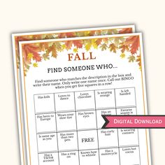 a printable fall game with the words, find someone who is on it and an arrow