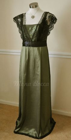 Edwardian Dress olive sage green HANDMADE to ORDER in by MonaBocca, $160.00 Green Lace Dress With Fitted Bodice, Green Bridesmaid Dress With Lace Bodice, Green Lace Evening Dress For Wedding, Evening Green Bridesmaid Dress With Fitted Bodice, Green Bridesmaid Dress With Lace Trim, Fitted Victorian Green Dress, Fitted Green Victorian Dress, Green Fitted Victorian Dress, Green Dress With Lace Bodice And Fitted Bodice