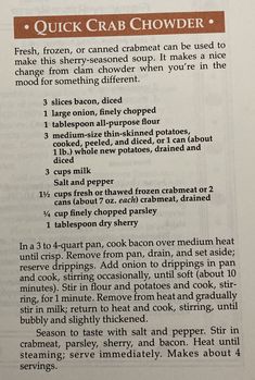 the recipe for quick crab chowder is shown in an open book with instructions on how to make it