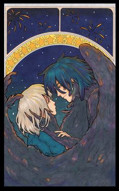 an image of two people kissing in the moonlight with stars and moon on the background