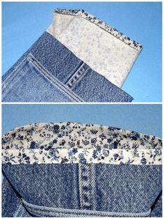 two images showing the back and side of a pair of jeans with flowers on them