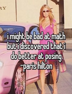 a woman standing next to a pink car with the words i might be bad at math but