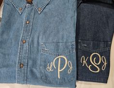 two denim shirts with the letters p and f on them