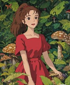 a girl in a red dress standing next to mushrooms and trees with her hands on her hips