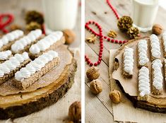 two pictures of cookies with white frosting on them and nuts next to each other