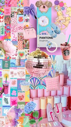 a collage of pink and blue items with the words pantone on them,