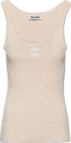 Beige Ribbed Cotton Tank Top, Beige Cotton Stretch Vest, Beige Stretch Cotton Vest, Stretch Cotton Vest In Beige, Beige Stretch Cotton Tank Top, Casual Miu Miu Tops For Spring, Beige Crew Neck Vest For Summer, Beige Ribbed Cotton Top, Beige Crew Neck Vest For Spring