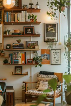 a living room filled with lots of plants and books on the shelves next to a window