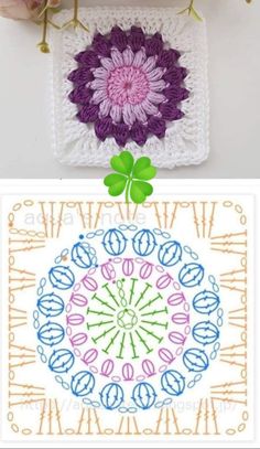 crocheted doily with flowers in the middle and an image of a flower on top