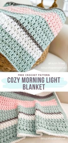 a crocheted blanket with the words cozy morning light written on it and an image of