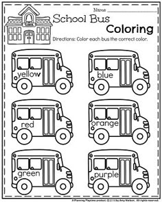 the school bus coloring worksheet is shown in black and white, with four different buses