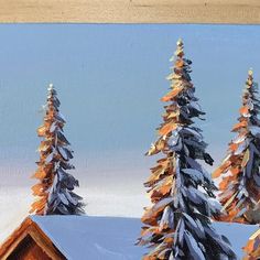 a painting of snow covered pine trees in front of a blue sky