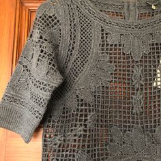 Beautiful Open Weave Crochet Sweater Classic Steel Grey 3 Lovely Metal Filigree Buttons At Back Of The Neck Half Sleeves Approximate Measurements When Flat: 16.5” Armpit To Armpit 21" Shoulder To Hem Fitted Crochet Knit Top For Fall, Elegant Fitted Textured Crochet Top, Fitted Bohemian Open Knit Top, Fitted Crochet Lace Top For Layering, Fitted Crochet Top For Layering With Textured Knit, Crew Neck Knit Top With Crochet Lace, Knit Top With Crochet Lace Crew Neck, Crochet Lace Knit Top With Crew Neck, Bohemian Pointelle Knit Crochet Top For Layering