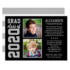 a graduation announcement card with two photos on the front and one photo on the back