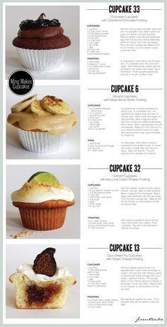 four different types of cupcakes on top of each other, with the names below them