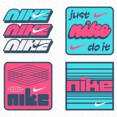 four different nike stickers with the words just nike do it in pink, blue and