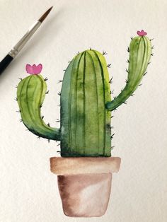 a watercolor painting of a cactus in a pot with pink hearts on its head