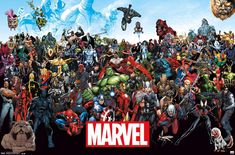 a large group of avengers characters in front of a blue sky