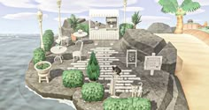 Acnh Beach Design Ideas Cottagecore, Acnh Peninsula Ideas Lighthouse, Acnh Rock Ideas, Acnh Beach Rock, Gyroid Animal Crossing Ideas, Acnh Gyroid Garden, Acnh Beach Rock Ideas, Acnh Gyroid Ideas, Acnh Gyroid