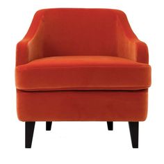 an orange chair with black legs on a white background