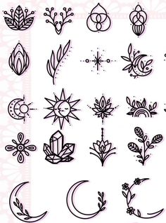 a bunch of different tattoos on a white background with flowers and moon symbols in black ink