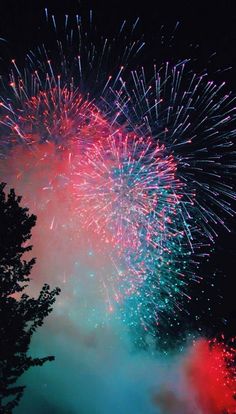 colorful fireworks exploding in the night sky with trees and clouds behind them, all lit up