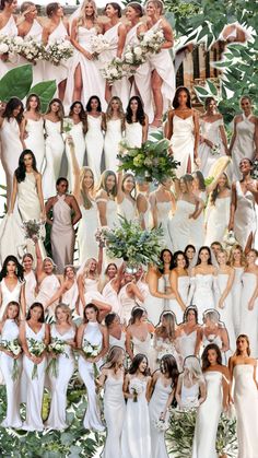 many women in white dresses are posing for pictures