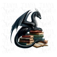 a black dragon sitting on top of some books