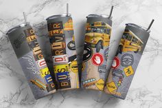 four tumblers with school bus images on them