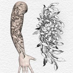 an arm with flowers on it next to a drawing of a woman's hand