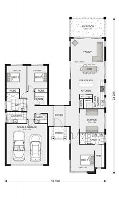 the floor plan for a two story house with three car spaces and an attached garage