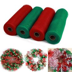 three christmas wreaths, one red and one green with bows on them next to two rolls of mesh