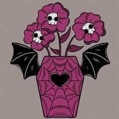 a purple vase with flowers and skulls on the inside is filled with spider webs