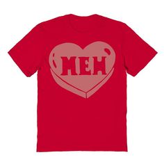 Get into the holiday spirit with this men's Meh Candy Heart Valentine's graphic tee.FEATURES Crewneck Short sleeveFABRIC & CARE Cotton Machine wash Imported Size: XL. Color: Red. Gender: male. Age Group: adult. Red Heart Graphic T-shirt For Streetwear, Valentine's Day Graphic Tee T-shirt, Valentine's Day Graphic Tee With Graphic Print, Valentine's Day Graphic Print T-shirt, Red Crew Neck T-shirt With Heart Graphic, Red Graphic Tee For Valentine's Day, Red Graphic Print T-shirt For Valentine's Day, Red Short Sleeve T-shirt For Valentine's Day, Valentine's Day Graphic Print Tops