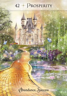 an image of a fairy castle with flowers and water in the foreground, as well as