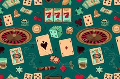 seamless pattern with playing cards, dices and poker chips on a green background