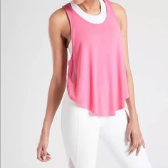 New With Tags Athleisure Scoop Neck Tops For Yoga, Racerback Athleisure Top For Yoga, Athleisure Racerback Top For Yoga, Pink Athleisure Tops, Sporty Scoop Neck Yoga Tops, Go-dry Stretch Racerback Top, Pink Sporty Tank Activewear, Sporty Racerback Top For Yoga, Stretch Racerback Top For Light Exercise