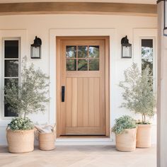 two planters with plants in front of a wooden door and light brown trim on a white house