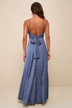 Slate Blue Satin Dress - Sleeveless Maxi Dress - Low Back Dress - Lulus Dark Dusty Blue Dress, Prom Dress Styles Chart, Something Blue Dress, French Blue Bridesmaid Dresses, Light Blue Wedding Guest Dress, Slate Blue Dress, Dress Styles Chart, Slate Blue Bridesmaid Dresses, Maxi Dress Satin