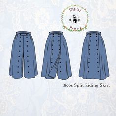 three different styles of skirts with buttons on the front and back, both in blue