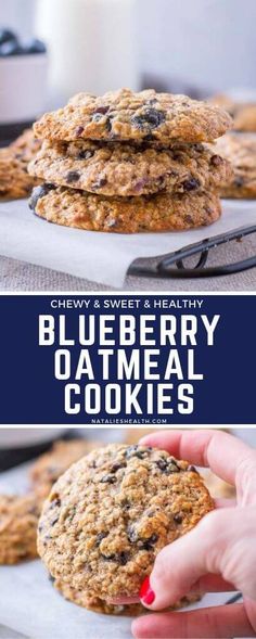 blueberry oatmeal cookies are stacked on top of each other with the words, chewy & sweet healthy