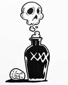 a black and white drawing of a skull in a bottle next to a golf ball