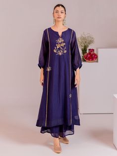 Buy Blue Hand Embroidered Chanderi Kurta with Palazzo- Set of 2 | SW-1217/SS24NOV Palazzo Set, Indian Heritage, Blue Hand, Ethnic Wear, Hand Embroidered, Loom, Trendy Outfits, That Look, Festival