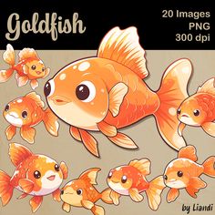 an image of goldfish in various poses on a brown background with the words goldfish written below it