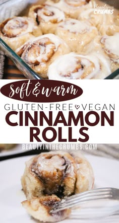 soft and warm gluten - free vegan cinnamon rolls on a plate with a fork