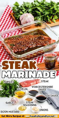 an advertisement for steak marinade on a table with vegetables and seasonings around it