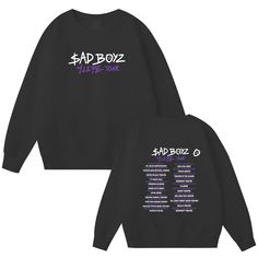 a black sweatshirt with the words bad boyz written in purple and white on it